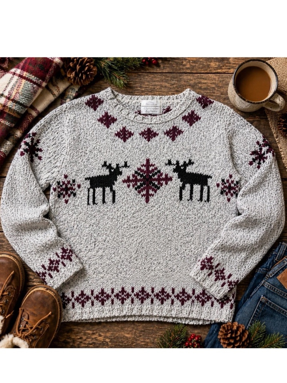 Christopher Banks Moose Snowflake Y2K Granny Sweater Medium Gray Cabincore Knit